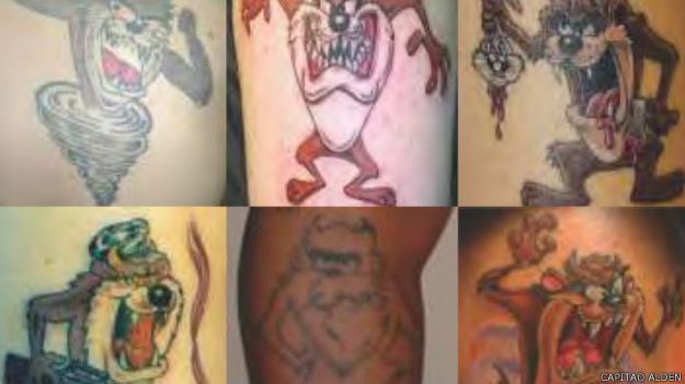 Tatuagens com o demonio da Tazmania sugeririam envolvimento com furto ou roubo, principalmente arrastões