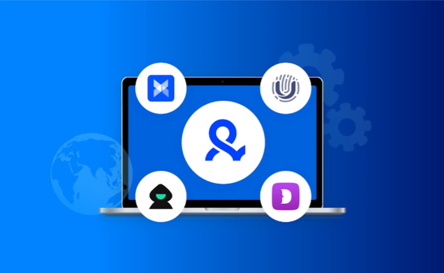 Ilustração com um notebook ao centro exibindo o logotipo do Multilogin, cercado por ícones de outros navegadores antidetect em um fundo azul — representando ferramentas para social media managers